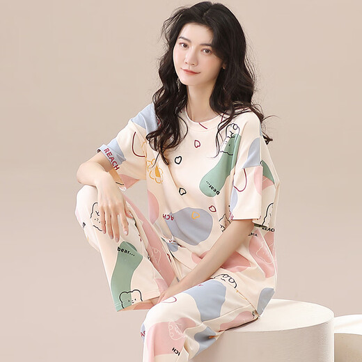 雅鹿纯棉睡衣女春夏短袖长裤休闲宽松女韩版家居服秋季可外穿套装凉感 品牌T-9716(短袖长裤) 2XL (145-165斤)