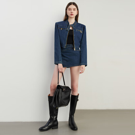 DPLAY2025 autumn retro commuter dark denim blue round neck washed fabric long-sleeved denim short suit dark denim blue S