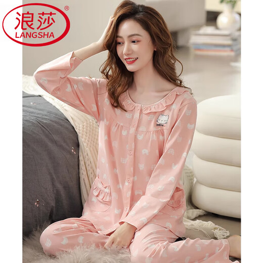LangSha pajamas women's spring and autumn autumn pure cotton long sleeve cotton autumn and winter thin home clothing middle-aged large size mother suit C9215 lilac brown L (recommended 110-120 Jin [Jin equals 0.5 kg])