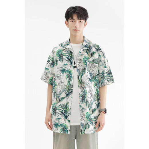 Kurashi Ichiki 2025 summer loose and comfortable ice silk cool short-sleeved shirt men's Hawaiian beach flower shirt jacket 6629 Madagascar black L