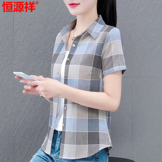 恒源祥高档棉格子衬衫女短袖2025年夏季新款时尚气质小衫洋气外穿衬衣 WJG9201蓝色长袖 M 建议95-105斤