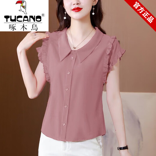Woodpecker brand women's doll collar short-sleeved chiffon shirt new style fashionable solid color versatile loose shirt 6218 leather pink M Recommended 100 Jin [Jin equals 0.5 kg] below