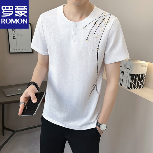 Romon New Chinese Style V-neck Short-sleeved T-shirt for men's summer linen 2025 new breathable bamboo half-sleeved men's T-shirt 9856 khaki XL (about 120~140 Jin [Jin equals 0.5 kg] can be worn)