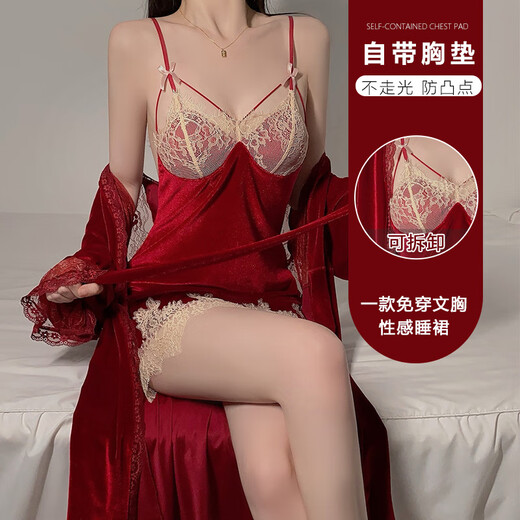 瑰若（Gui Ruo）瑰若秋冬保暖丝绒内衣法式蕾丝性感加胸垫睡裙外 3879黑色（外袍+腰带 均码