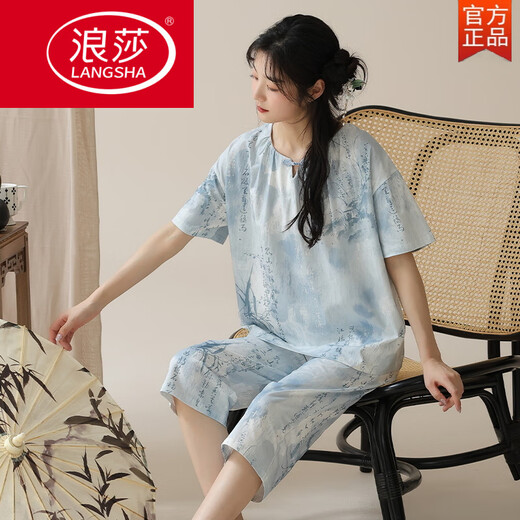 Langsha Summer Nuevo estilo chino de pijama de manga corta Juego de algodón de algodón para mujeres Pantalones cultivados de verano se puede usar fuera de Lzy9902 m (sugerido 75-95Jin [Jin equivale a 0.5 kg])