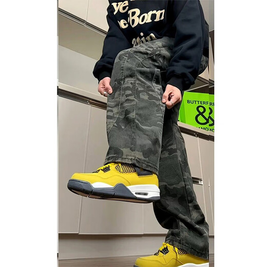 Shelley Jones military green scimitar camouflage jeans men's autumn slim-fit logging workwear pants American high street straight bootcut pants camouflage color L recommended 100-120Jin Jin equals 0.5 kg