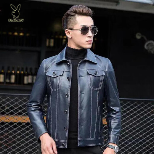 Playboy (PLAYBOY) 2025 New Genuine Leather Jacket Korean Style Trendy Slim Handsome Short Fashion Casual Leather Jacket Men's Jacket Black M 165 Code-100-115Jin Jin is equal to 0.5 kg