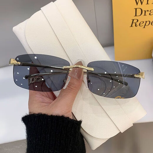 Lunettes de soleil, lunettes de soleil, nouveaux lunettes sans cadre à la mode, hommes et femmes, feuille gris à cadre en or européen et américain (Tissu miroir du sac en verre)