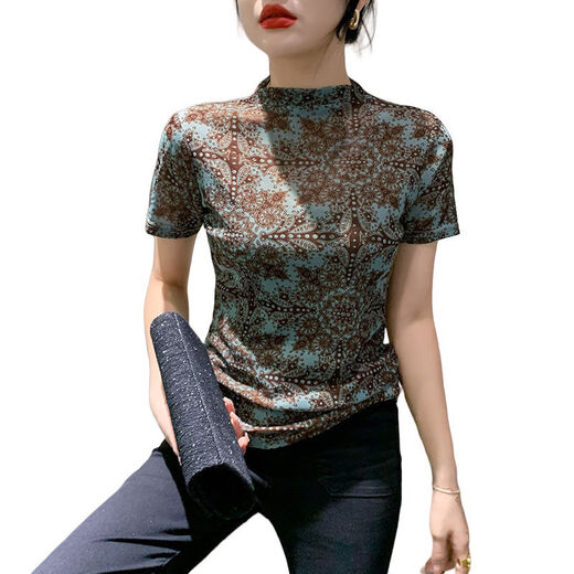 Dryworld2025 Fashion de primavera NUEVA Fashion Half Turtleneck Mesh Camiseta estampada Camisa de base delgada Top para mujeres Color [Versátil Color de imagen 3878] XL