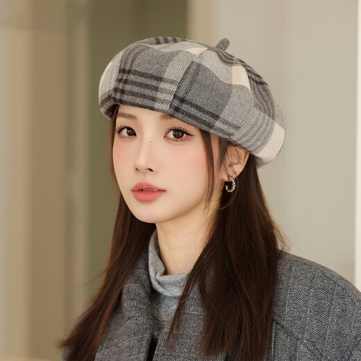 British retro plaid beret hat for women in autumn and winter fashion versatile painter's hat showing face small octagonal hat temperament trendy khaki