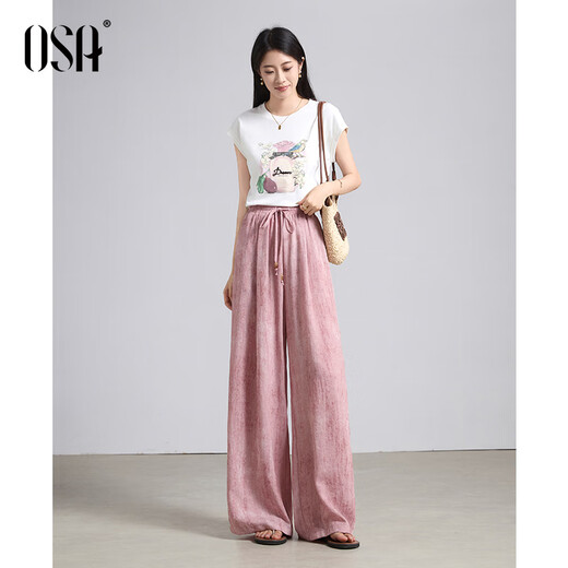 OSA (OSA) lazy style drawstring wide-leg pants for women 2025 summer new versatile slim elastic waist straight floor trousers Pink M