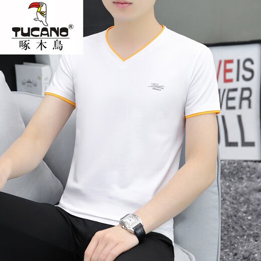 
Woodpecker 2025 new Xinjiang pure cotton men's short-sleeved T-shirt base shirt V-neck T-shirt trendy half-sleeved summer top 691 white M