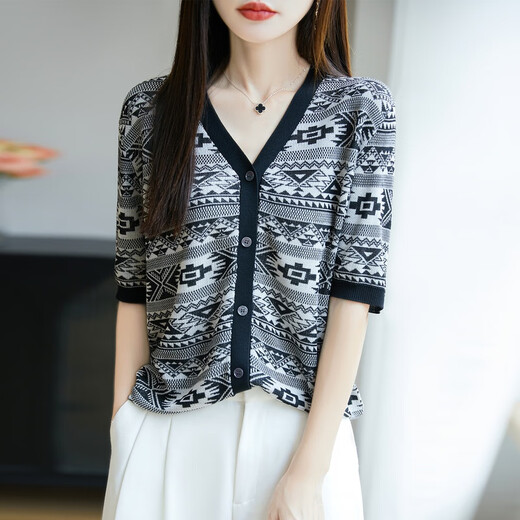 Li Yinu Laiser Tiansi T-shirt à manches courtes pour les femmes 2025 Été Nouveau-couche en V Cardigan rayé Cardigan Picture de dessus polyvalente Couleur JXHDHTN-724 M