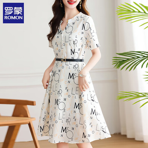 ROMON high-end dress summer 2025 new small person with fashionable temperament waist-hugging and slimming fashionable printed chiffon skirt color 2XL recommended 130-140Jin [Jin equals 0.5 kg]