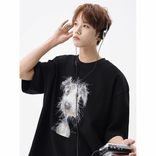 Poum Herren Sommer Personalisierte gedruckte gedruckte kurzärmelige T-Shirt Trendy Marke Einfache und vielseitige modische lockere lässige runde Hals-Top CQS-1480 Black XL