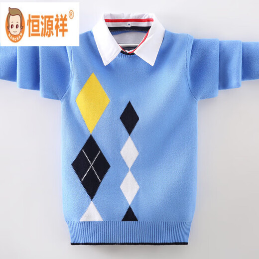 Hengyuanxiang Boy Sweater Camilar de la camisa de la camisa Autumnia e invierno Nuevo estilo medio y grande para niños Sweater infantil de dos piezas de dos piezas más terciopelo Blue azul marino espesado Plus/Velvet 130