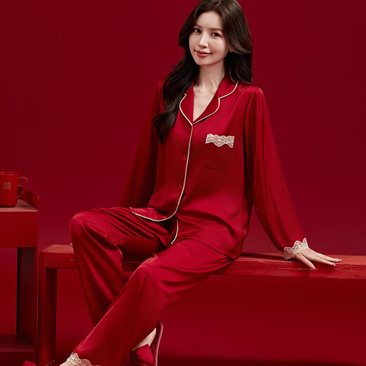 Hug Lady heiratete frisches Paar Pyjama im Frühjahr und Herbst Eis Silky Red Zodiac Year Männer und Frauen Heimkleidung Geschenkbox 1098 langärmelige Paar Cartoon Geschenkbox m Männer l+ Frauen