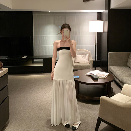 Fujian sleeveless strapless skirt for women 2025 summer small fragrance style suspender dress birthday dress party long skirt white M