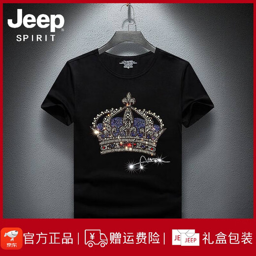 Jeep Spirit Jeep Estación Europea Clothing 2025 Summer Nuevo producto redondo Round Diamond Hot Mangewer Top con incrustaciones con incrustaciones Diamante Media manga 1048 Black XL (adecuado para 135-150Jin [Jin equivale a 0.5 kg])