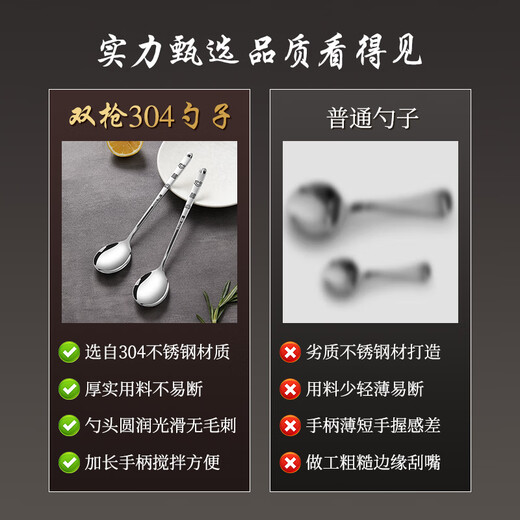 Double gun (Suncha) double gun 304 stainless steel spoon soup spoon household food grade spoon eating blessing character spoon 4 pack