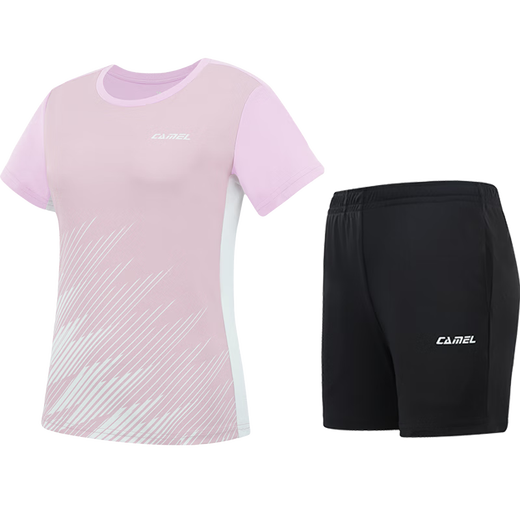 Camel sports short-sleeved T-shirt for women badminton suit quick-drying sun protection and breathable comprehensive training 2-piece set for women Y1S1TF653A5, taro purple, women XL