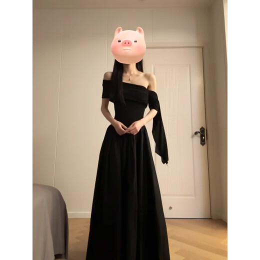 Good sweet star French temperament one-shoulder dress for women in 2025 summer new style slimming design black long skirt Ya black dance dress hot girl skirt S suggestion [80-95Jin [Jin equals 0.5 kg]]