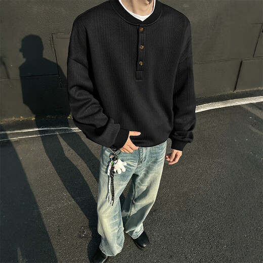 SWAMP AREA Henry collar textured long-sleeved T-shirt for men in spring and autumn layered inner layering shirt SWT607 black XL