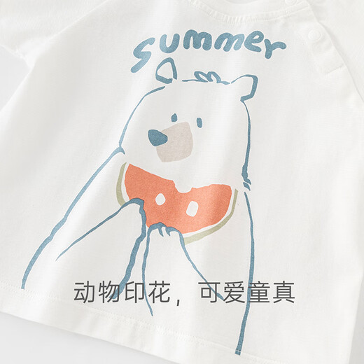 乖奇熊男女宝宝纯棉短袖t恤夏季婴儿动物印花上衣儿童薄款圆领夏装衣服 米白西瓜小熊 100