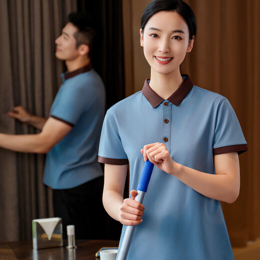 赛曼蝶家政保洁员专用工作服冰丝短袖定制夏季物业酒店客房清洁阿姨工衣 [口袋款]MSHJ9905-蓝灰色短袖上1 S