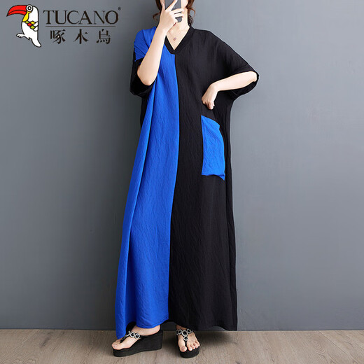 Woodpecker exports Thai fat M girls thin cotton and linen printed splicing tensile slim belly covering to make you look slim V-neck short-sleeved contrasting color long dress 9856# blue splicing, one size, 100-200 Jin [Jin equals 0.5 kg]