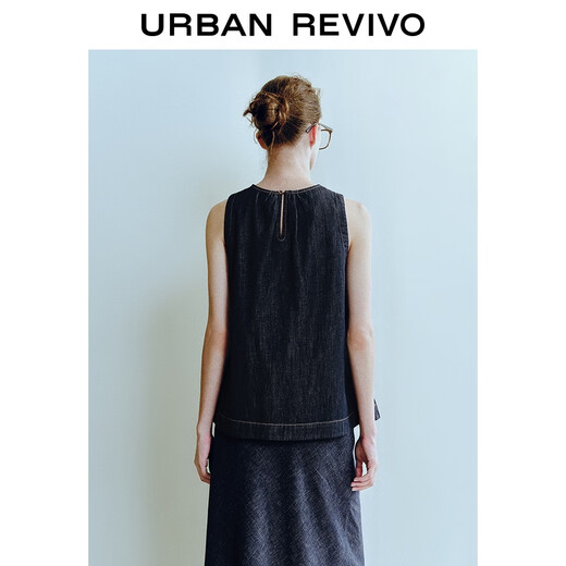 UR Autumn New Women's Denim Revival Contrast Color Topstitch Sleeveless Denim Shirt UWU850008 Blue S