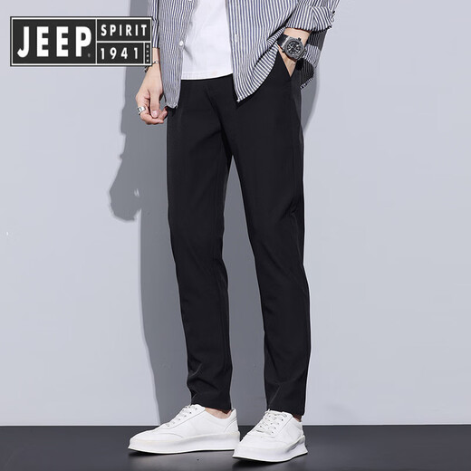 JEEP SPIRIT Jeep Men's Casual Pants 2025 New High-end Straight Slim Business Black Suit Thin Pants Men's Summer 9905 Black Nine-point [Upgraded Ice Wire] 28 [90-100Jin [Jin equals 0.5 kg]]