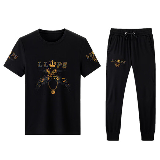 JEEP SPIRIT casual suit men's summer short-sleeved mulberry silkworm ice silk handsome match with Korean style fashion print trend 9227 black 3XL 185