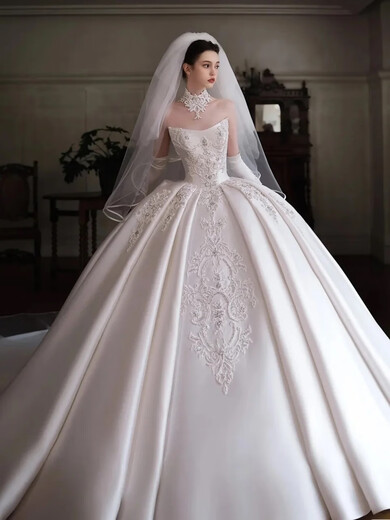 Qinchis neuer Produktröhre Top Satin Haupthochzeitskleid 25 neuer Stil entkommener Prinzessin French Prewnd Woman High-End Long Tail Out, Vollfeld Hochzeitskleid + Drei S für 90 Jin [Jin gleich 0,5 kg], gleich groß