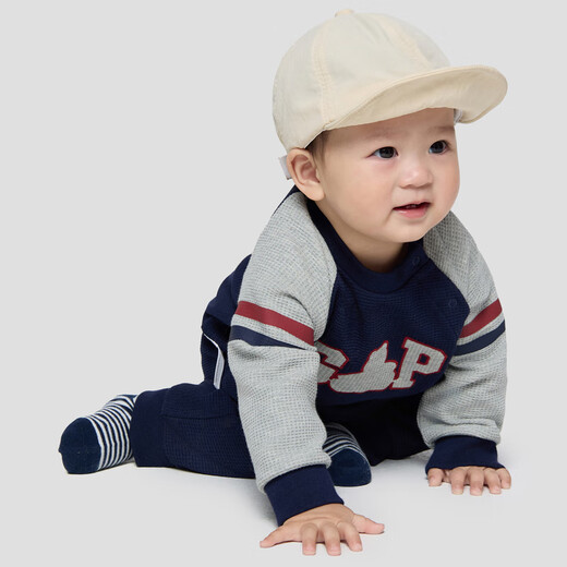 Gap Baby Spring Waffle Raglan Long Sleeve Contrast Color Jumpsuit Children's Romper 848402 Navy Blue 73cm (6-9 months) Asian size