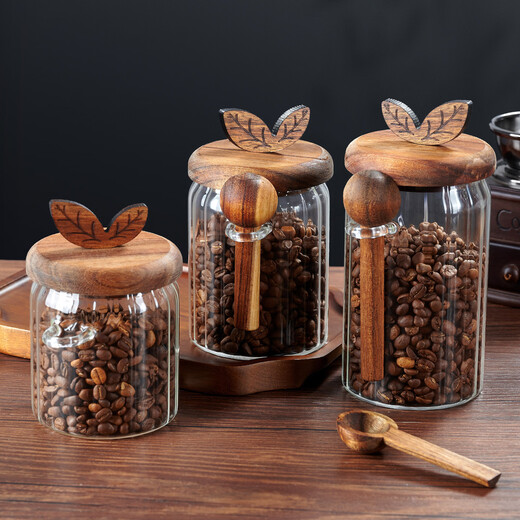 LeCali glass coffee powder sealed jar coffee bean storage jar portable food grade tea storage storage jar with spoon jar high borosilicate glass 800ml-with wooden spoon