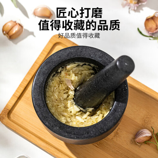 Full bow quality stone mortar masher, old-fashioned stone mortar, jar, household hammer, garlic mortar grinder, garlic paste, large gray granite garlic masher