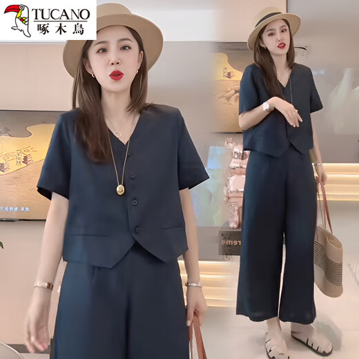 Woodpecker Ramie Set Women's Summer 2025 New Fashionable y reducción de la edad reductora de la edad Camisa de la línea de adelgazamiento Pantalones de piernas anchas dos paquetes Color caliente S [sugerido 95Jin [Jin iguala 0.5 kg]]]