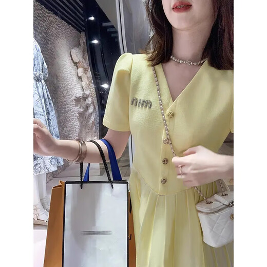 Mujeres 2025 Summer New Style Diseño francés Pequeño Persona que abraza la cintura Slim Princess Vestido D1478 Amarillo XL [120-130Jin [Jin es igual a 0.5 kg]]