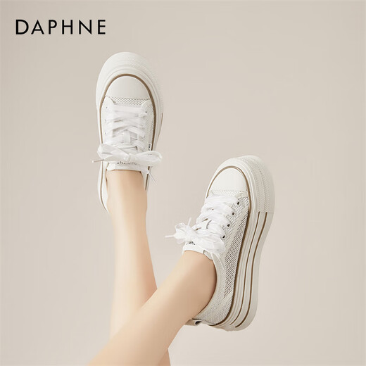 达芙妮（DAPHNE）帆布鞋女夏季网鞋网面透气小白鞋2025新款厚底百搭休闲板鞋 米色【跟高4.5CM】 35