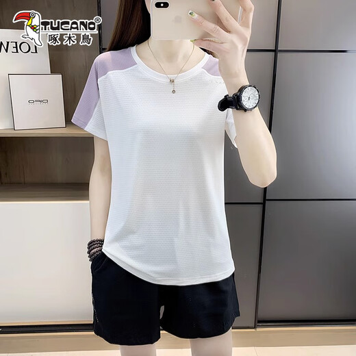 Woodpecker Sports Set Ice Silk Drying Drying Sèche à manches courtes Femme 2025 Été Nouveau Running Yoga Costume Shorts en deux pièces de l'âge moyen et des jeunes rose (Short à manches + shorts) M (adapté à 85-100jin [Jin est égal à 0,5 kg]))