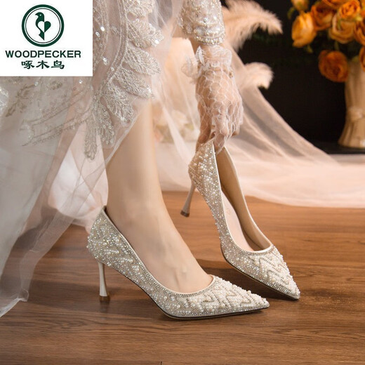 Specht Temperament Slim Heels High Heels Frauen 2025 Rock Single Schuhe Frauen Frühling und Herbst Full Diamond High-End-Hochzeitsschuhe Frauen Aprikosen Farbe 7cm 38