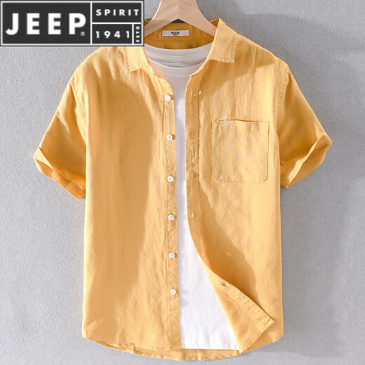 JEEP SPIRIT男士亚麻翻领短袖t恤宽松衬衫领上衣服有带领T棉麻料体恤麻布夏装 yunyi-9711蓝色 M