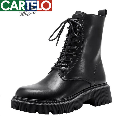 CARTELO True Soft Leather Martin Boots Women's British Style 2025 New Spring and Autumn Fleece Brown Thick-soled Short Boots Motorcycle Boots Black Single Li 37