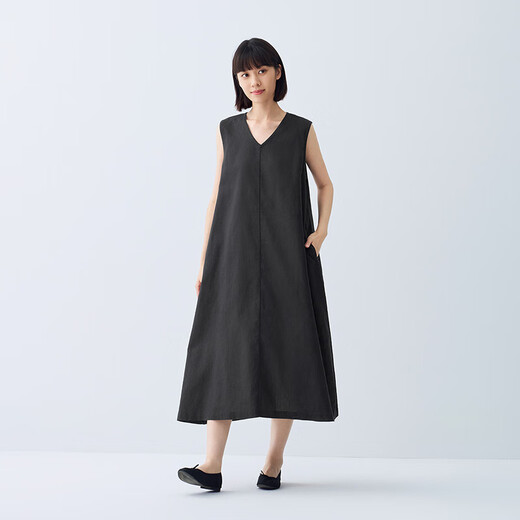 Muji Women's Cotton Chanvre Hobe sans manches Robe de femme Robe d'été Robe longue BCD91C5S Black L (165 / 88A)