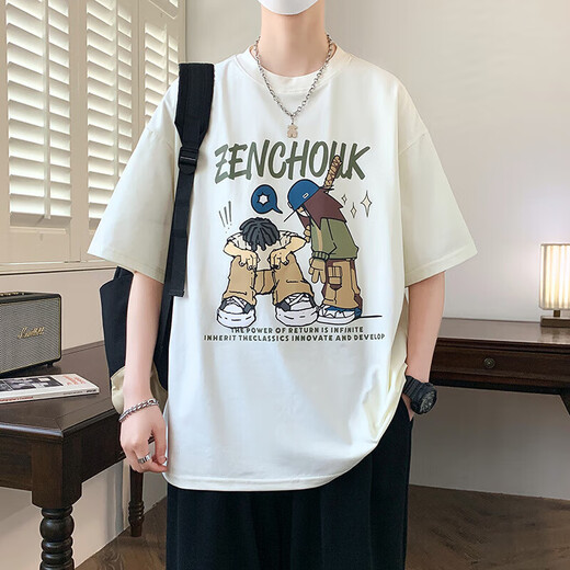 森马短袖t恤印花男初中学生潮流帅气上衣服大童夏季港风百搭 693米色(单件短袖) 品质保证 M (70-90斤左右)