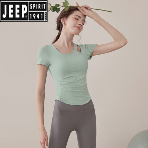 JEEP SPIRIT吉普套装瑜伽服女2025新款短袖修身感运动上衣普拉提训练服健 咖色上衣 【固定胸垫】 XL