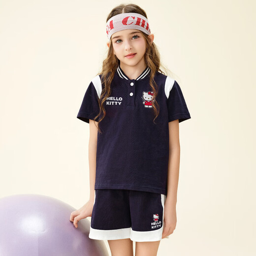 KT girls summer new style casual middle and large children's sports two-piece suit navy blue 753 110 110 size