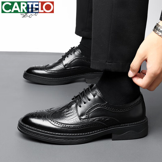 CARTELO crocodile leather shoes men's cowhide business casual formal wedding British brogue carved men's shoes 6533 black 42