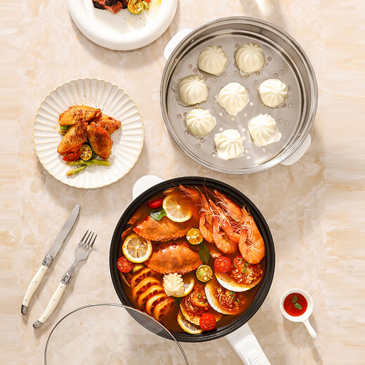 Meike's outstanding electric wok, all-in-one wok, electric cooker, multi-functional household electric hot pot, steaming and frying wok, mechanical double-speed electric wok with wooden spatula, 1 inch, thickened, fast heating 3.5L, guaranteed to prevent dry burning for ten years